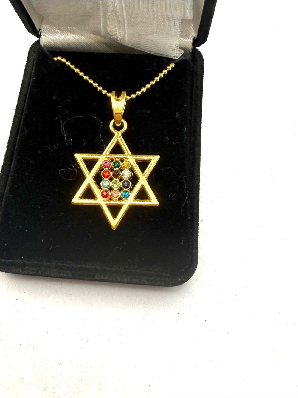 Gold Star of David Pendant Necklace with Multicolor Stones